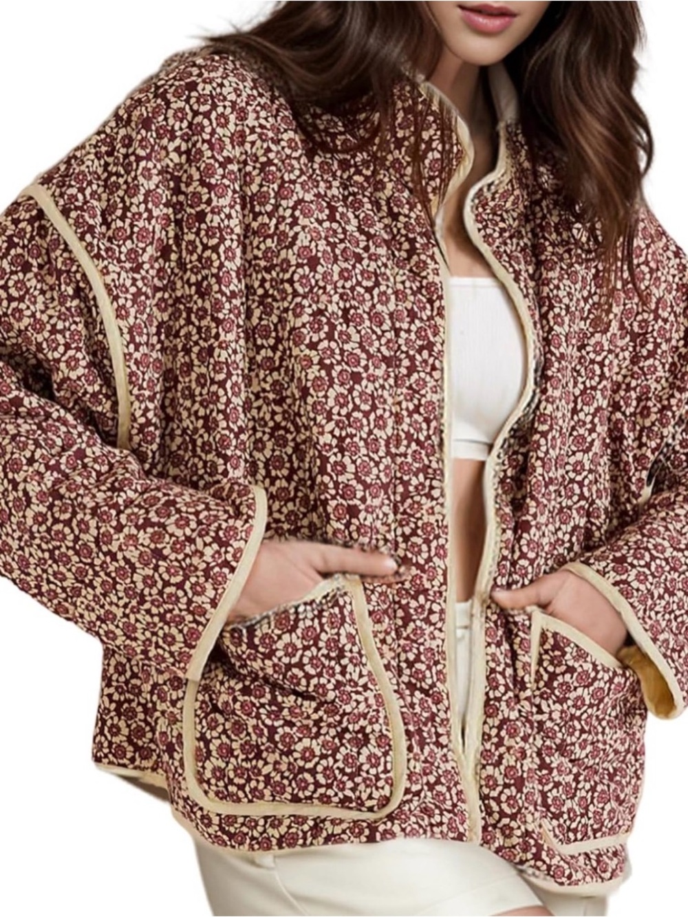 Amazon Quilted Floral Jacket in Burgundy and Cream